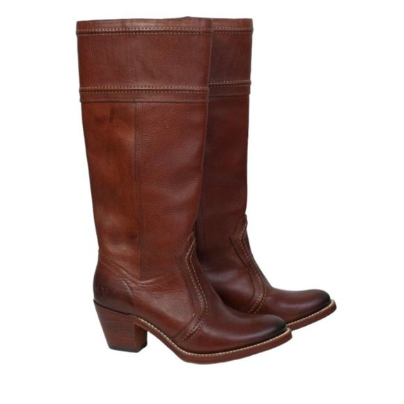 Frye Jane White Stitch Leather Heeled Boots Size 8 - Picture 2 of 12